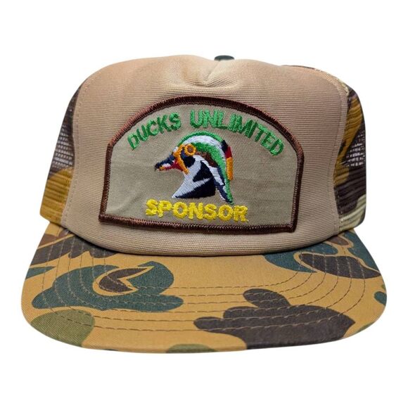 Vintage Men's Snapback Hat Ducks Unlimited Sponsor‎ Cap Hunting Camo 80s Trucker - Picture 1 of 8